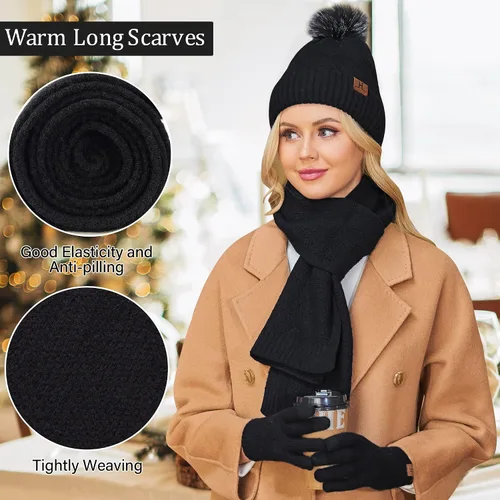 Vista 4 de Conjunto de gorro de punto cálido para mujer, bufanda larga, guantes para pantalla táctil, con forro polar, gorro de calavera con pompones, regalos