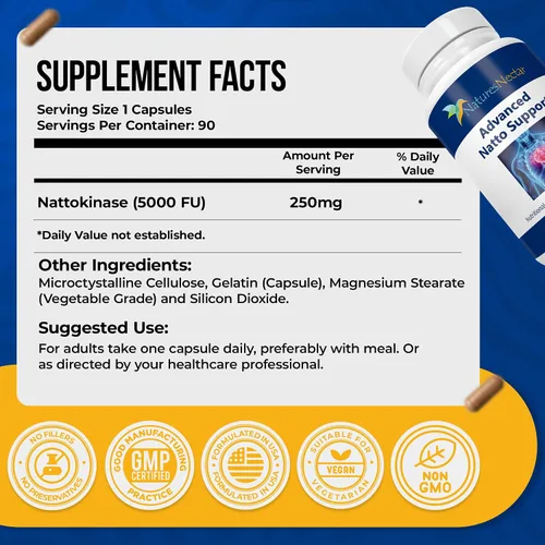 Vista 2 de Nature's Nectar Suplemento orgánico de nattoquinasa de 250 mg - Nattoquinasa de doble fuerza 5000 fu Anticoagulante natural que apoya la salud