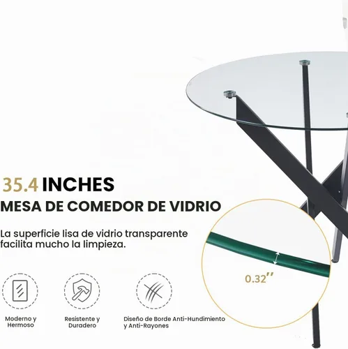 Vista 5 de Mesa de comedor redonda de vidrio de 36 pulgadas para 2-4 personas, patas de metal negro resistentes, mesa de cocina redonda de vidrio
