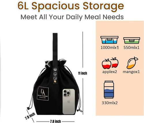 Vista 5 de Bolsa de almuerzo de lona con cordón, con aislamiento, estilo bento, reutilizable y duradera para mujeres Perfecta para la oficina, la escuela