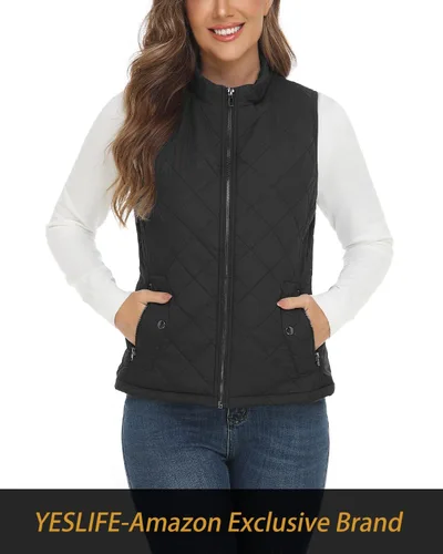Vista 3 de YESLIFE Chaleco acolchado para mujer 2025 con un bolsillo interior, chaleco acolchado ligero con cuello alto para mujer