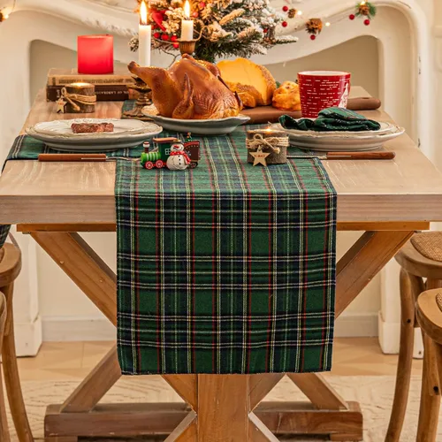 Vista 20 de Camino de mesa de Navidad a cuadros beige, caminos de mesa de vacaciones de invierno de 72 pulgadas de largo, decoraciones de Navidad para Cuadros