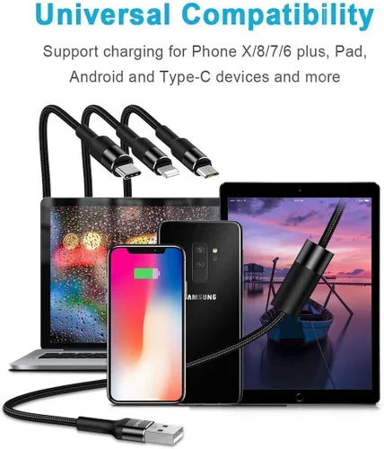 Vista 7 de USAMS Paquete de 2 cables de carga múltiple, cable de carga múltiple USB trenzado de nailon 3 en 1 de 5 pies, cable de carga rápida compatible