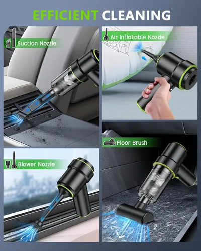 Vista 5 de CODN Aspiradora de Mano para Coche Portátil Inalámbrica 12000PA, Aspiradora de Mano 2 en 1 y Eliminador de Polvo con Múltiples Boquillas y Luz LED