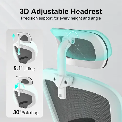 Vista 5 de Silla giratoria ergonómica de oficina con reposacabezas ajustable 3D y soporte lumbar, silla de escritorio con respaldo alto con brazos abatibles