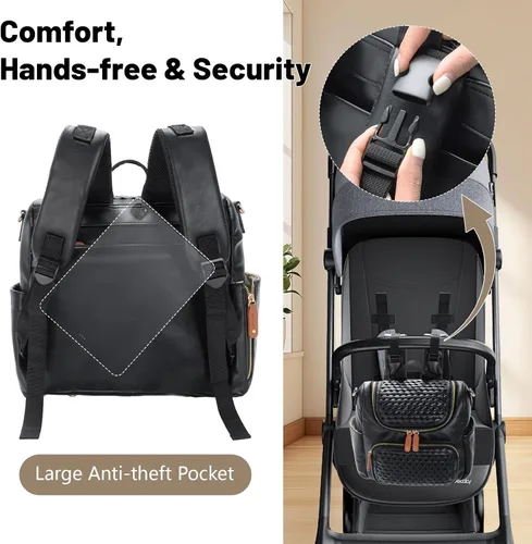 Vista 4 de Minsong Mochila para pañales, mochila pequeña para pañales para mamá con cambiador, elegantes bolsas de pañales de viaje de cuero vegano (negro)