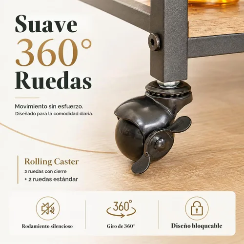 Vista 5 de FATORRI Carrito de bar para el hogar, carritos de vino rodantes sobre ruedas con estantes de madera de 3 niveles, carrito de bebidas de licor