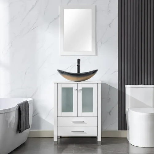 Vista 23 de LUCKWIND Combinación de tocador de baño de 24 pulgadas con lavabo, serie elegante con marco pintado, armario de almacenamiento de baño de dos