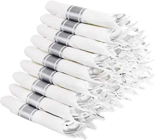 Vista 14 de Supernal 200 cubiertos de plástico dorado con servilletas de bolsillo, 50 juegos, cubiertos desechables resistentes con servilletas blancas, vajilla