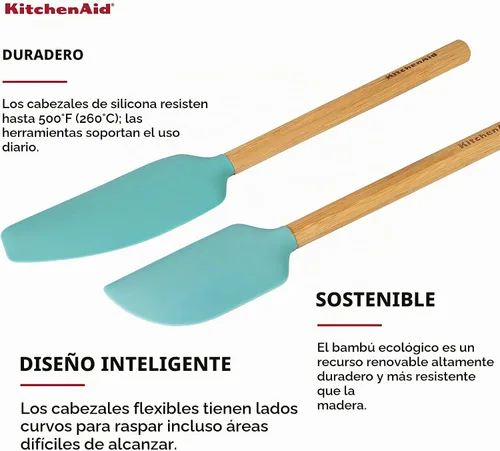 Vista 3 de KitchenAid Juego de espátulas de bambú, 2 piezas, Aqua Sky aguamarina (Aqua Sky)