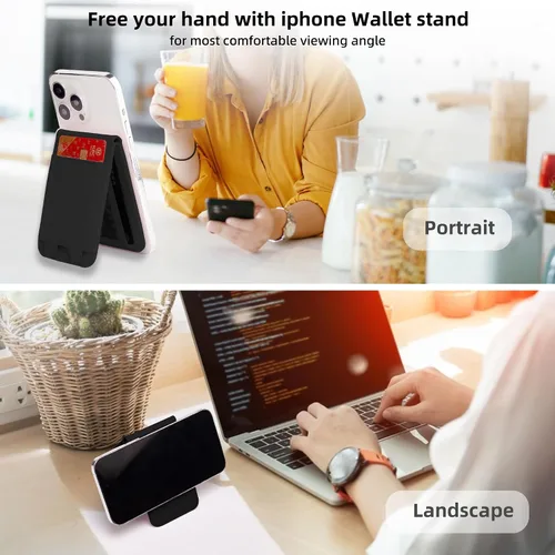 Vista 4 de Cartera magnética elástica para iPhone de cuero magnético con soporte ajustable [capacidad para 9 tarjetas] teléfono para Apple 12 13 14 15 negro 1