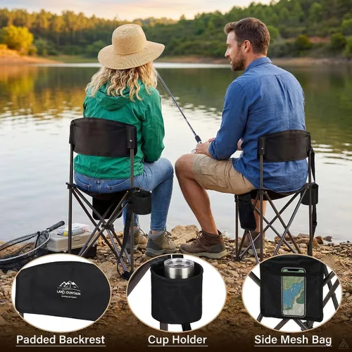 Vista 5 de Paquete de 2 taburetes plegables para acampar con respaldo y soporte para tazas, sillas ligeras y portátiles para exteriores, para adultos, asiento