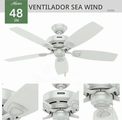 Vista 7 de Hunter Viento marino, exterior o interior, ventilador de techo, sin luz, 48 Blanco