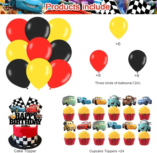 Vista 3 de Suministros de fiesta de automóvil de dibujos animados de 5 x 3 pies, telón de fondo de automóvil Maqueen, pancarta de fiesta de feliz cumpleaños