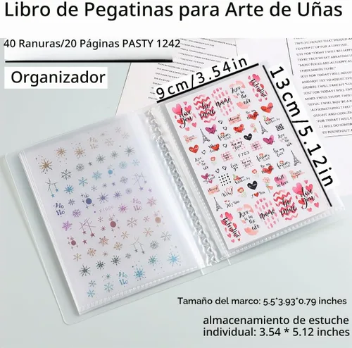 Vista 2 de 1 pieza libro de almacenamiento de calcomanías transparentes de 40 ranuras, organizador de calcomanías de uñas para coleccionar calcomanías, libro