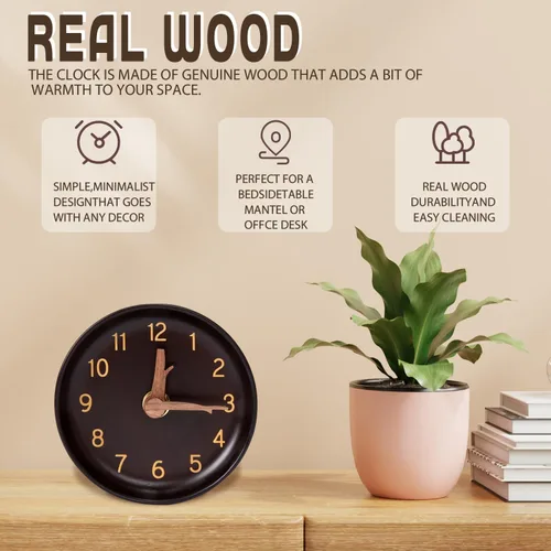Vista 5 de Reloj de escritorio analógico de madera, pequeño, redondo, de cuarzo, funciona con pilas, sin tictac, silencioso, para oficina, sala de estar, 4