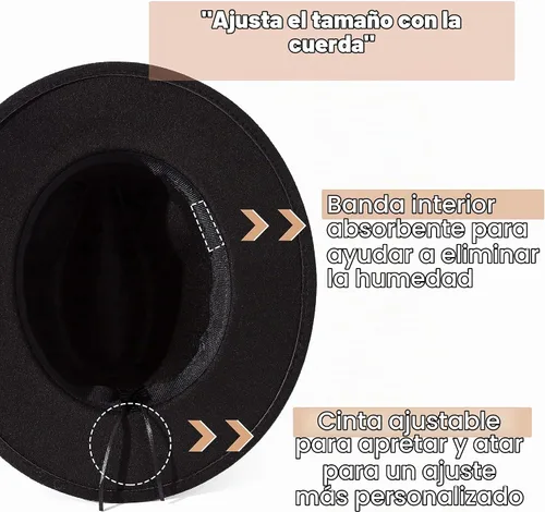 Vista 5 de Lisianthus Sombrero Fedora de ala ancha vintage para hombre y mujer con hebilla de cinturón Negro