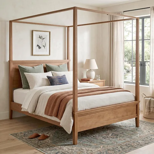 Vista 12 de Cama de plataforma con dosel de 4 pósteres de tamaño matrimonial con cabecero de listones verticales Negro-8.1
