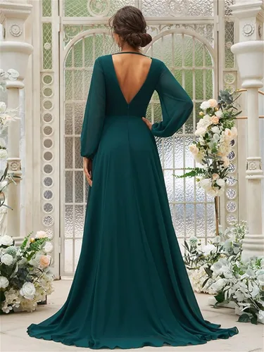 Vista 4 de PINMJEE Vestidos de dama de honor de gasa con cuello en V y manga larga para mujer