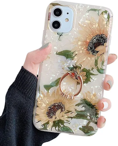 Vista 10 de Qokey Funda compatible con iPhone 11 de 6.1 pulgadas, diseño floral transparente para mujer con soporte de anillo giratorio de 360 grados, funda