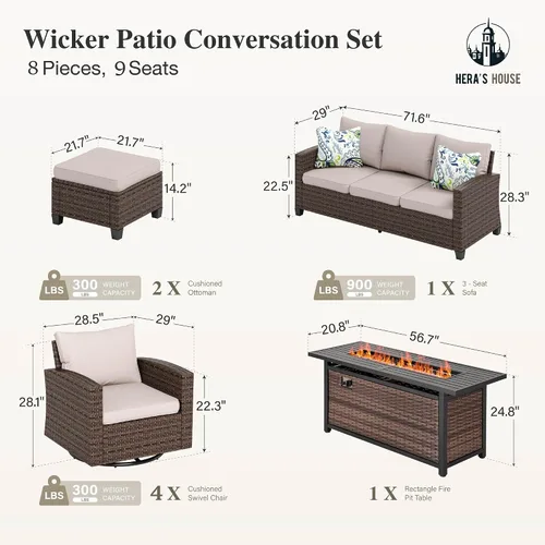 Vista 17 de HERA'S HOUSE - Juego de muebles para patio con mesa para fogata, muebles de mimbre para exteriores, sofá de conversación con asientos profundos