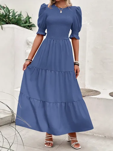 Vista 100 de BTFBM Vestidos para mujer, cuello redondo, casual, de verano, con volantes, manga corta, bohemio, con niveles, fruncido, largo, con estampado floral