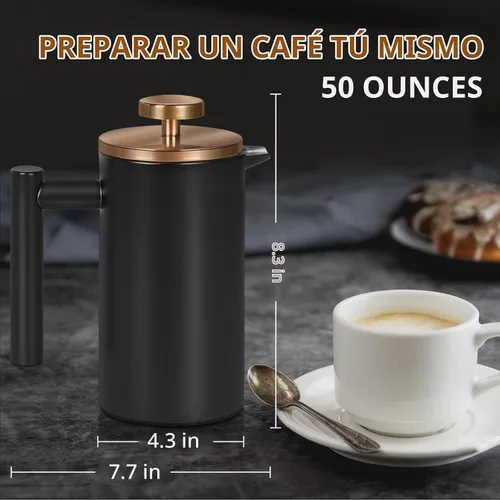Vista 5 de Cafetera de Prensa Francesa de Acero Inoxidable Negro, Prensa Francesa Aislada de Doble Pared, para Café y Té, con 3 Pantallas Extra y una Cuchara