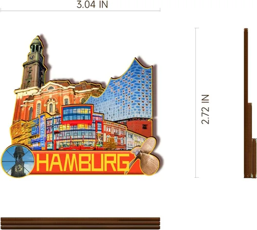Vista 3 de Imán de madera de Hamburgo de Alemania 3D para nevera, recuerdos coleccionables, decoración hecha a mano, artesanías 2