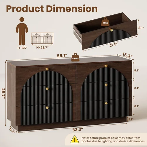 Vista 2 de Cómoda arqueada acanalada para dormitorio, 6 cajones de 55 pulgadas de nogal y negro.