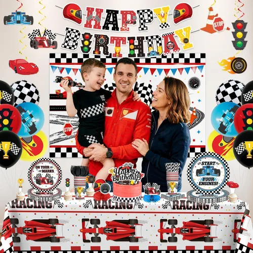 Vista 7 de Juego todo en uno de 195 piezas de decoración de fiesta de cumpleaños de coche de carreras, juego de platos y servilletas con pancarta, telón