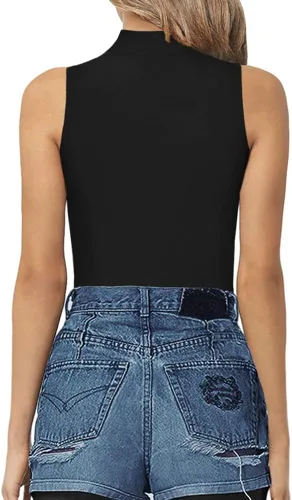 Vista 3 de MANGOPOP Camiseta sin mangas con cuello de tortuga falso, manga corta, leotardo