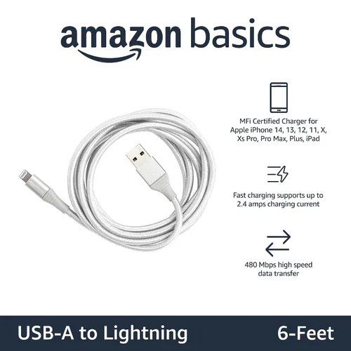 Vista 2 de Amazon Basics - Cable Lightning de nailon trenzado doble a USB, colección avanzada, cargador para iPhone certificado MFi