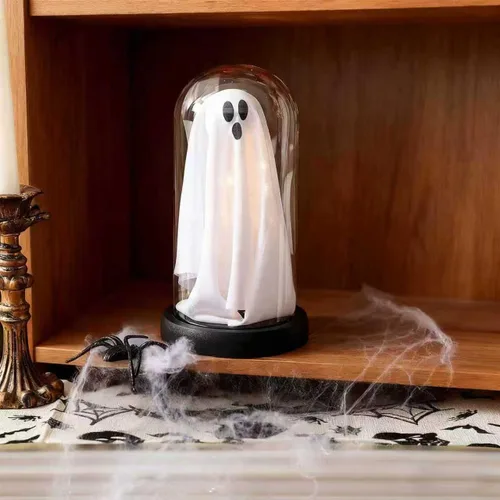 Vista 5 de Decoraciones de Halloween para interiores, fantasma iluminado en cúpula transparente, bonita decoración de fantasma espeluznante para exhibición