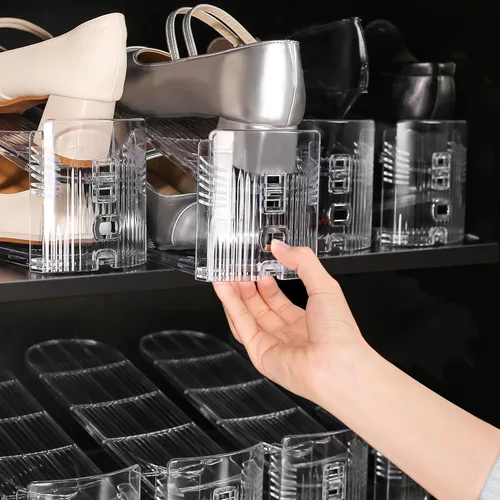 Vista 8 de Organizador de ranuras para zapatos, paquete de 10 unidades, apiladores de zapatos, 3 niveles ajustables, ahorro de espacio del 50%, soportes