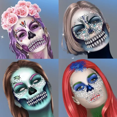 Vista 6 de Tatuajes faciales para cosplay, Día de la Muerte, cráneo temporal, gemas para la cara, tatuajes, diamantes de imitación, fantasma, novia, jade