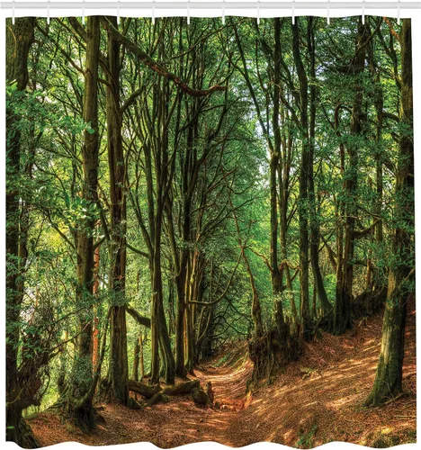 Vista 2 de Ambesonne Cortina de ducha con diseño de bosque, árboles y caminos, follaje de tronco vegetal, imagen al aire libre, juego de decoración de baño