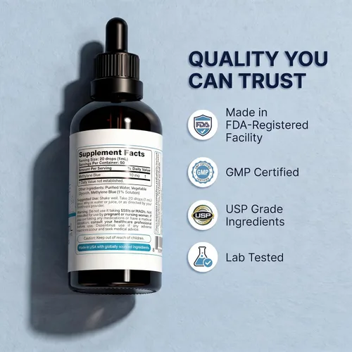 Vista 3 de Blue Essence - Gotas líquidas azul de metileno de 10 mg Grado USP, cuentagotas precisos, apoyo cognitivo y celular, sin OMG, vegano, 2.0 fl oz