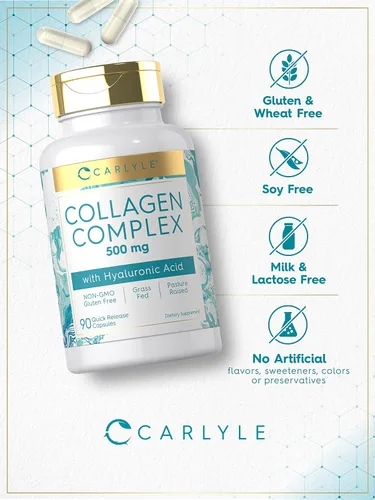 Vista 4 de Carlyle Pastillas de colágeno con ácido hialurónico 500 mg 90 cápsulas Colágeno hidrolizado tipo 1 y 3 Suplemento sin OMG, sin gluten