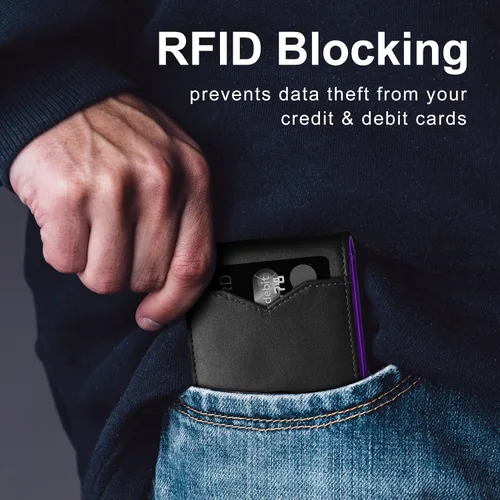 Vista 4 de GSOIAX Billetera delgada para hombre, minimalista, de piel auténtica, fibra de carbono, bloqueo Rfid, doble tarjetero con caja de regalo, Negro