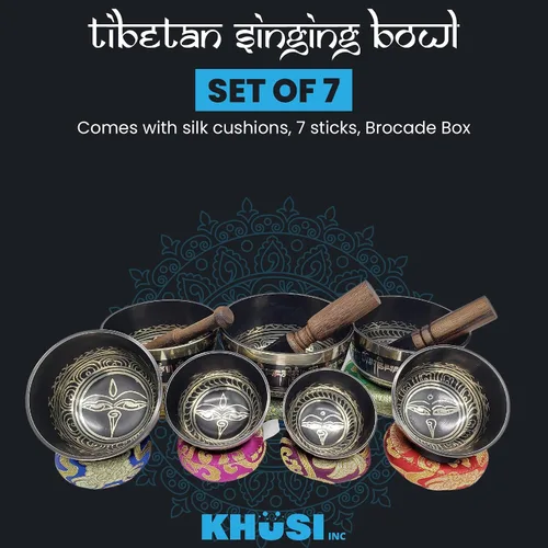 Vista 2 de KHUSI - Juego de 7 cuencos tibetanos, Thadobati, hechos a mano, con mantra grabado para yoga, curación de chakras, relajación, alivio del estrés