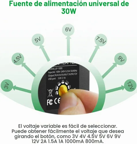 Vista 2 de Adaptador de corriente universal de CA a CC de 30 W, fuente de alimentación ajustable, 3 V, 4,5 V, 6 V, 9 V, 12 V, 2 A, 1 A, adaptador de corriente