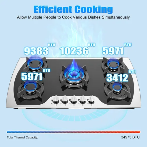 Vista 2 de Cocina de gas de 35 pulgadas, estufa de gas integrada de acero inoxidable, 5 quemadores con control de interruptor independiente, cocina de gas