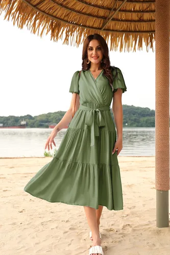 Vista 3 de PRETTYGARDEN Vestidos de verano para mujer 2023, cuello en V, manga corta, bohemio, vestido midi con lazo en la cintura, vestidos de playa