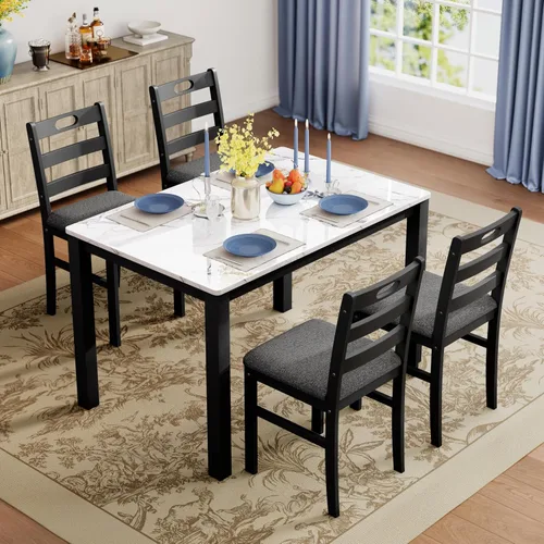 Vista 11 de PHI VILLA - Juego de mesa de comedor para 4, mesa y sillas de cocina con diseño de mármol Emperador Mármol Oscuro y Oliva