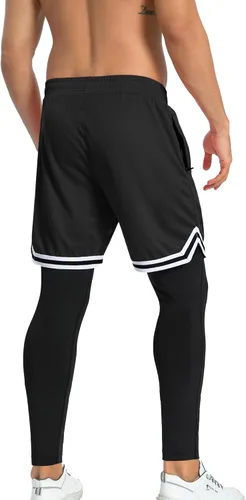 Vista 5 de SILKWORLD Pantalones de correr 2 en 1 para hombre, pantalones deportivos de compresión, leggings de entrenamiento con bolsillos con cremallera