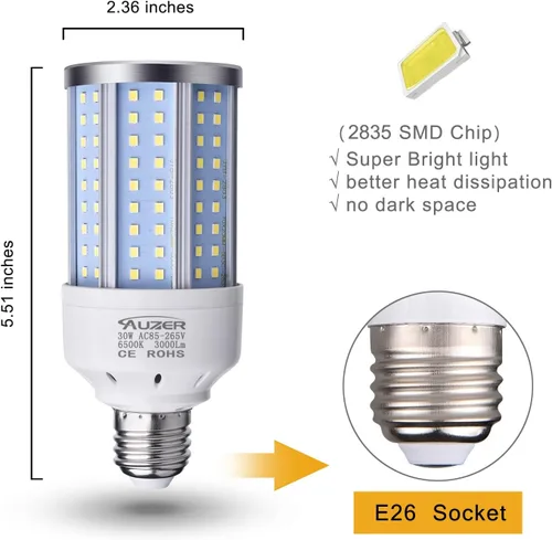 Vista 8 de Bombilla LED de maíz de 30 W (equivalente a 200 W), luz diurna, base estándar E26, paquete de 2