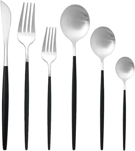 Vista 18 de Juego de cubiertos de 36 piezas de acero inoxidable 304 con acabado de manchas de color negro puro, cuchillo de vajilla de postre, tenedor, cuchara