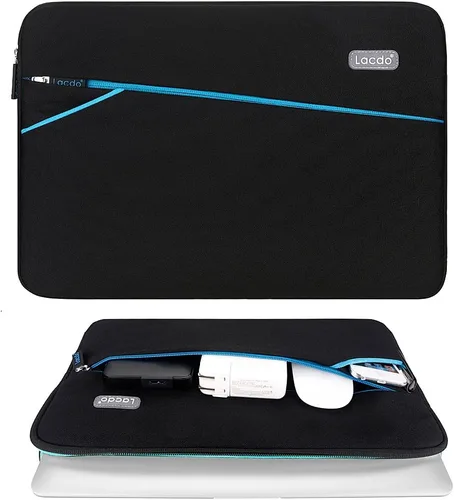 Vista 2 de Funda Lacdo de neopreno de 11-11.6 pulgadas para notebook, ultrabook, maletín, impermeable [con bolsillo de cierre exterior], Negro