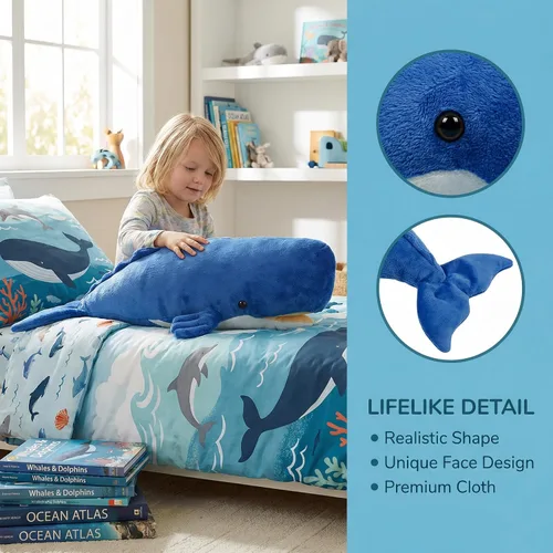 Vista 2 de Juguete de peluche realista de ballena espermática – Juguetes de peluche de ballena espermatozoides largos y realistas, súper suaves, muñecos