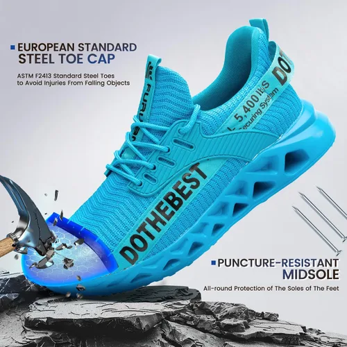 Vista 28 de Furuian - Tenis con punta de acero para hombres y mujeres, zapatos de seguridad ligeros, cómodos, a prueba de pinchazos, zapatos de trabajo